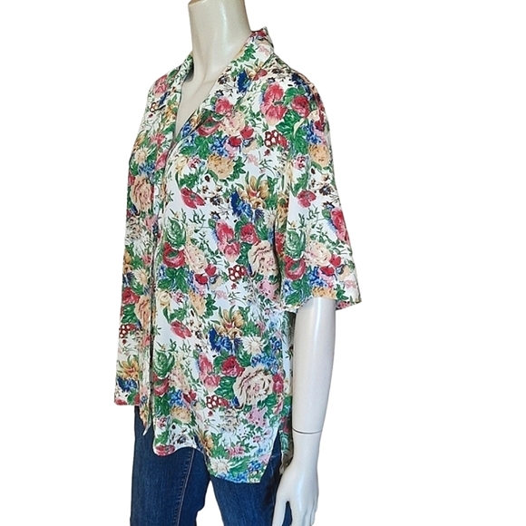 VINTAGE 80s Floral Blouse size XL Button Front Short Sleeve Grannycore - Picture 4 of 9